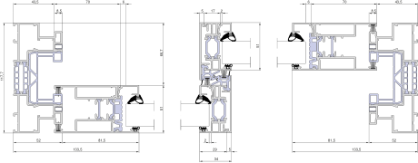 Aliplast Visioglide Plus – Schema D · Horizontalschnitt · Schieberahmen 52 mm · Schiebeflügel 90 mm