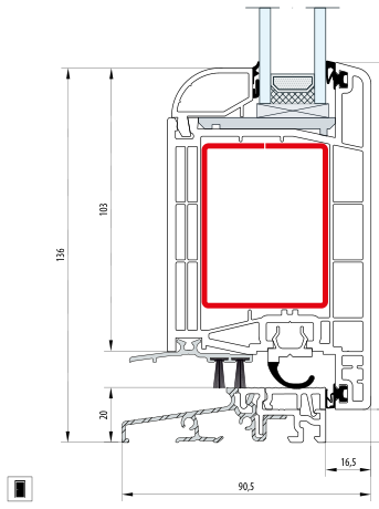 Gealan S 8000 – Alu-Schwelle 20 mm · Flügel 126 mm
